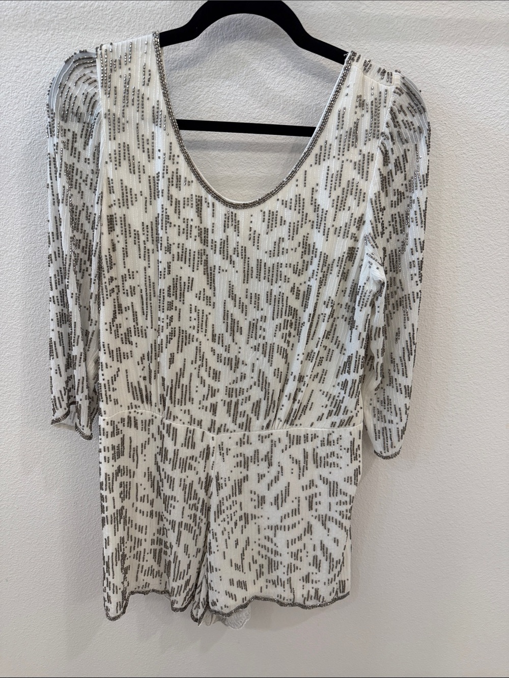 Lulu's Ivory Long Sleeve Sequin Romper with Silver Accents